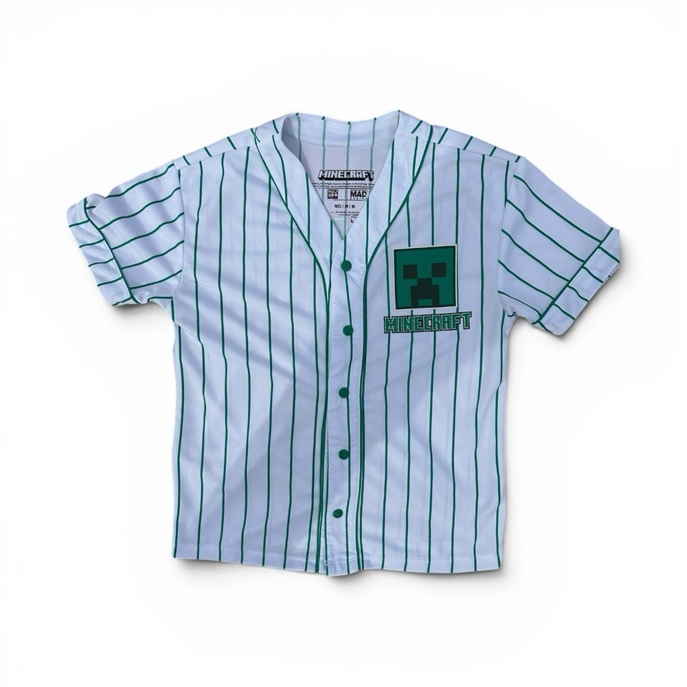 Minecraft Creeper Boys White Green Striped Button-Up Jersey Shirt Short Sleeve M